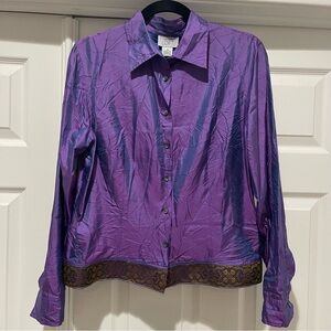 LOFT Purple Silk Button-Up Blouse with Embroidered bottom